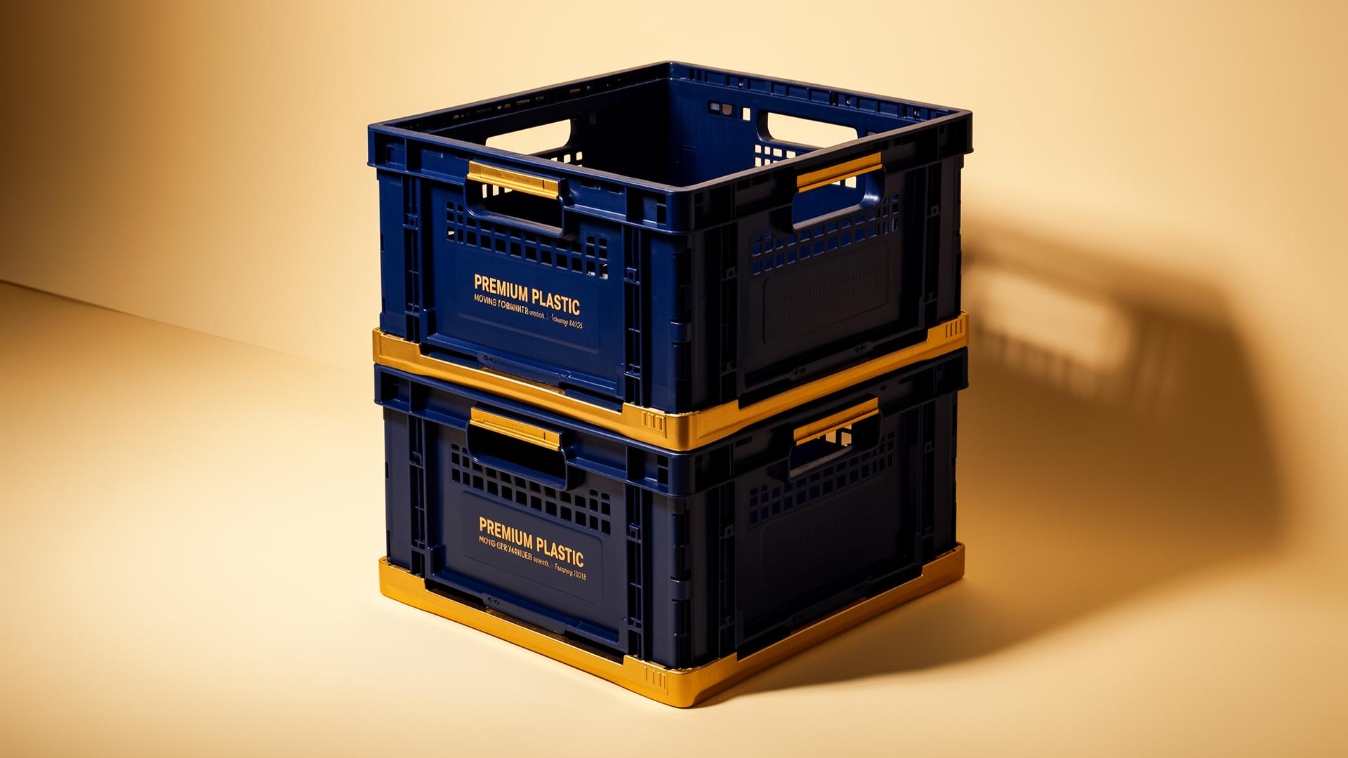 Stack of premium navy moving crates with gold accents